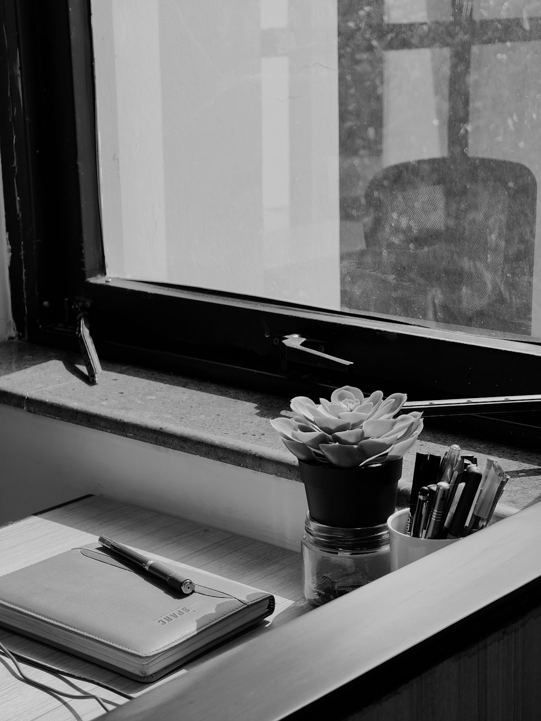 Minimalist desk with notebook and succulent by a sunlit window.